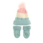 Ziggle Pink Striped Cable Knit Bobble Hat and Mittens 0-12m